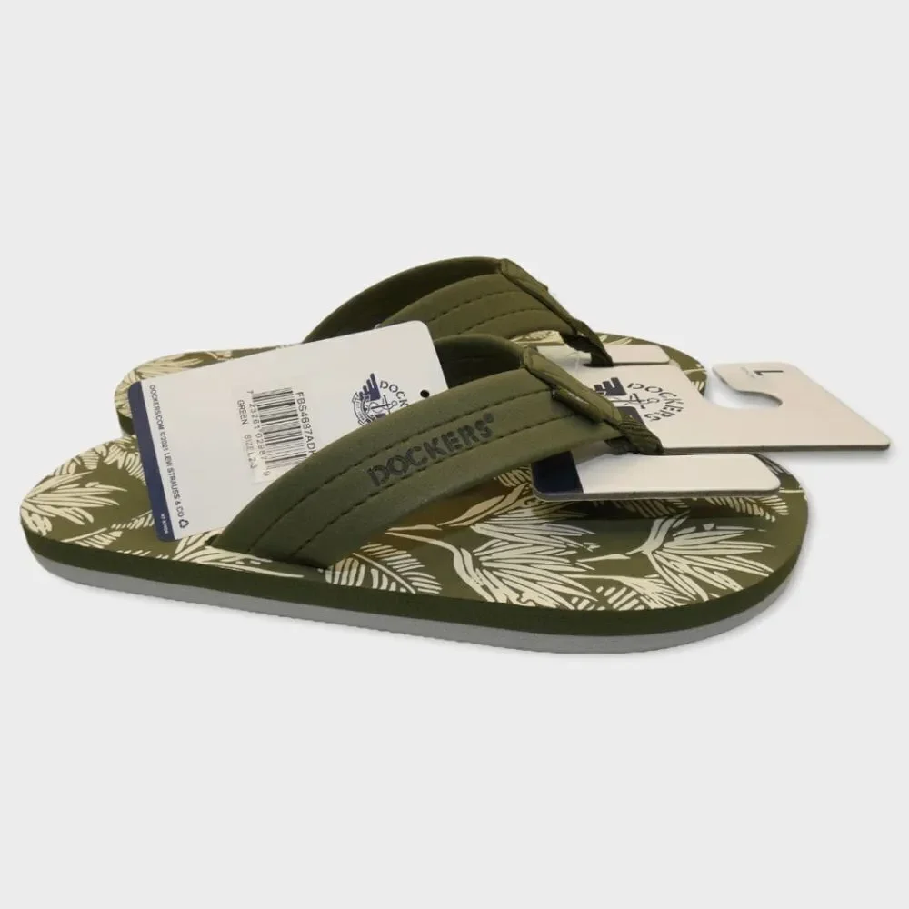 Dockers Premium Flip Flops Green Tropical Palm Print Youth L 2-3 Sandals